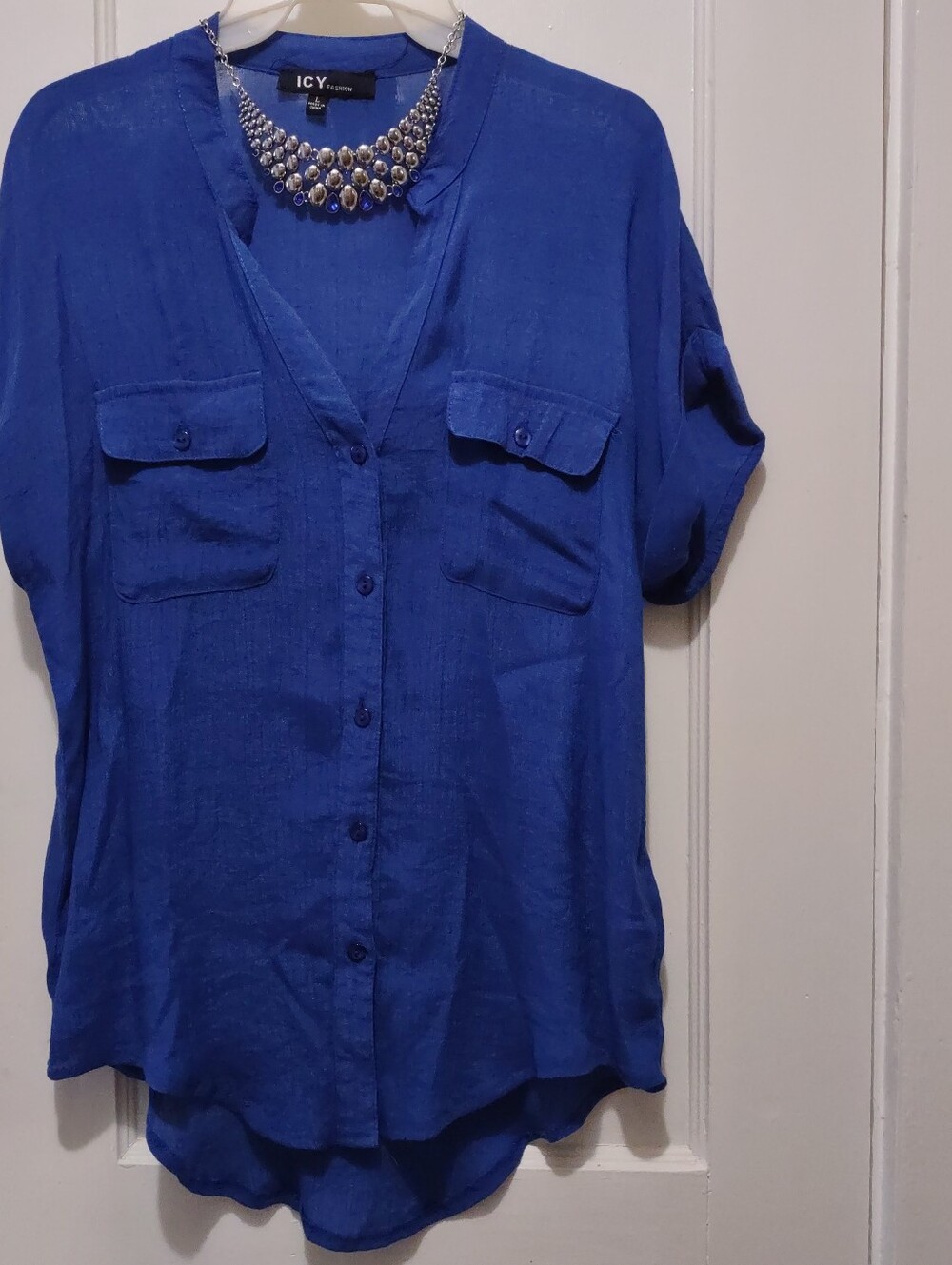 Cobalt Blue Button Down Short Sleeve Blouse